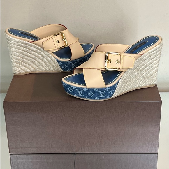 Louis Vuitton Denim Leather Wedge Sandal - Picture 14 of 15